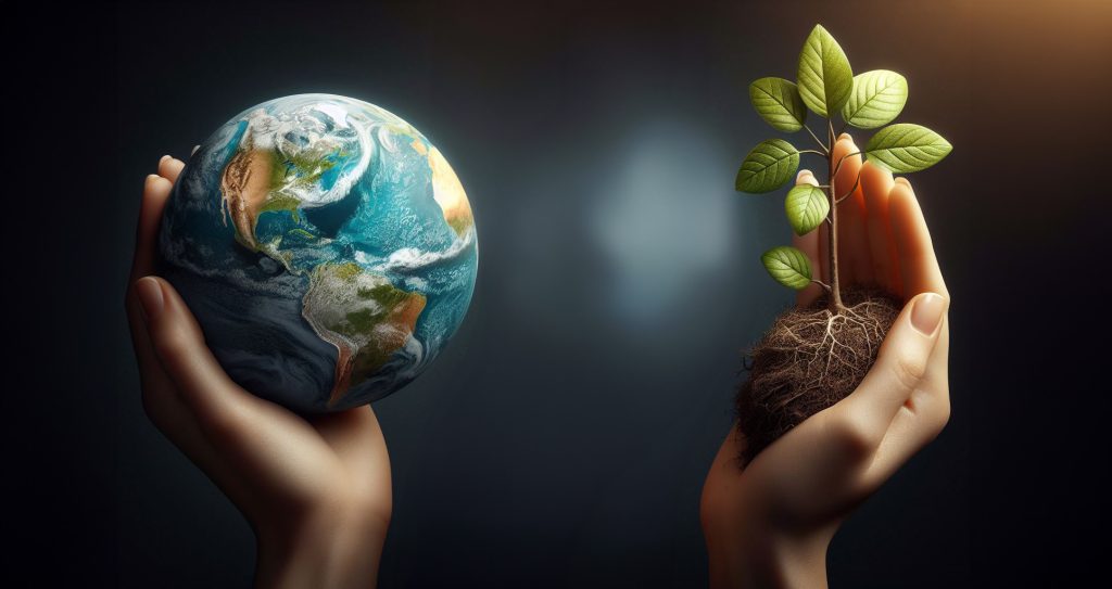 Una mano sosteniendo la tierra y otra mano sosteniendo un arbol